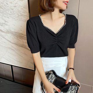 Puff-sleeve Faux Pearl Knit Top