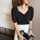 Puff-sleeve Faux Pearl Knit Top