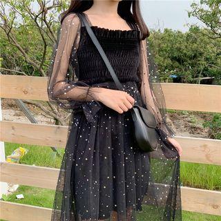 Sequined Smocked Long-sleeve Mesh Dress