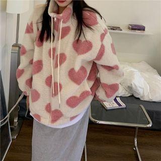 Heart Print Fleece Zip-up Jacket