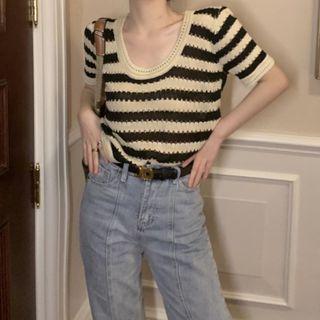Short-sleeve Striped Knit Top Stripe - Beige & Black - One Size