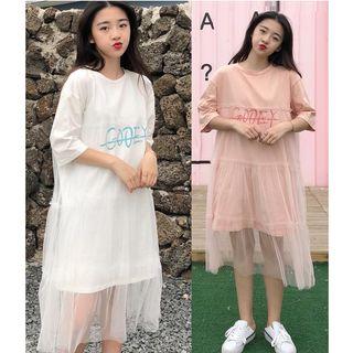 Elbow-sleeve Sheer Panel Lettering Midi Dress