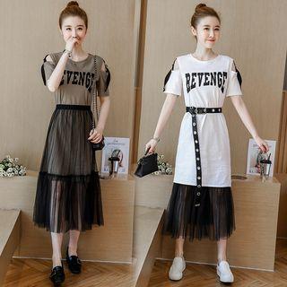 Set: Lettering Cold Shoulder Midi T-shirt Dress + Mesh Midi Skirt