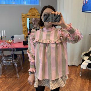 Striped Frill Trim Blouse As Shown In Figure - One Size