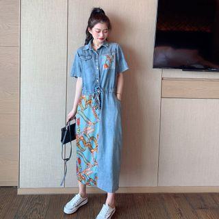 Short-sleeve Print Panel Denim Dress