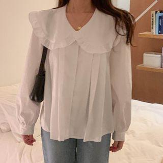 Long-sleeve Peter Pan Collar Ruffle Trim Plain Loose Fit Shirt