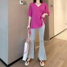 Short-sleeve Plain Split Hem T-shirt / High-waist Plain Pants