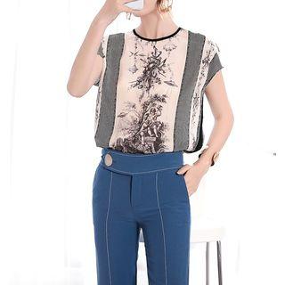 Short-sleeve Striped Paneled Floral Top