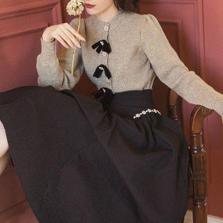Set: Bow Accent Cardigan + Rhinestone Midi A-line Skirt
