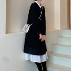 Long-sleeve Half-button Midi A-line Dress Black - One Size