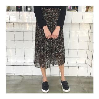 Floral Patterned Band-waist Pleated-panel Chiffon Skirt