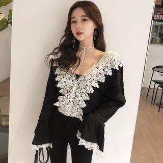 Lace-trim Bell-sleeve Chiffon Top
