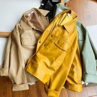 Collared Single-breasted Faux Leather Jacket