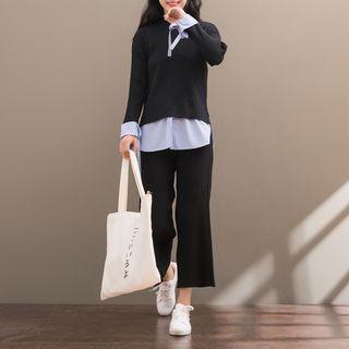 Set: Mock Two Piece Striped Panel Sweater + Wide Leg Pants