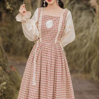 Long-sleeve Plaid Lace Trim Midi A-line Dress