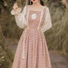 Long-sleeve Plaid Lace Trim Midi A-line Dress