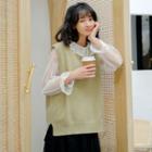 Sheer Mesh Blouse / Plain Knit Vest / Polka Dot Midi A-line Pleated Skirt / Set