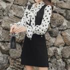 Long-sleeves Mock Two-piece Tie-neck Dotted Dress