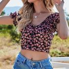Short-sleeve V-neck Floral Crop Top