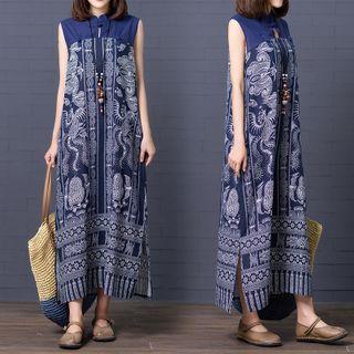 Sleeveless Printed Stand Collar A-line Maxi Dress