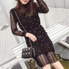 Faux Pearl Button Long-sleeve Lace Dress