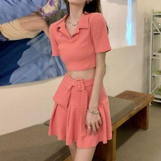 Short-sleeve Slim Fit Polo Shirt / Belted Mini Skirt