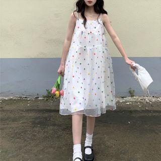 Spaghetti Strap Floral Embroidered Mesh Midi A-line Dress White - One Size
