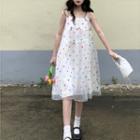 Spaghetti Strap Floral Embroidered Mesh Midi A-line Dress White - One Size