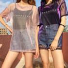 Set: Short-sleeve T-shirt + Letter Spaghetti Strap Top