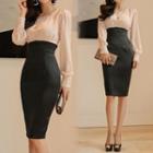 Long-sleeve Contrast-color Embellished-neckline Dress