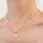 Flower Faux Pearl Asymmetrical Necklace 1104a - Gold - One Size