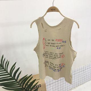 Lace-up Lettering Distressed Tank Top