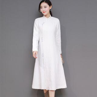 Long-sleeve Mandarin Collar Midi Dress