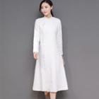 Long-sleeve Mandarin Collar Midi Dress