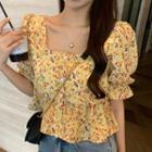 Flower Print Short-sleeve Blouse Floral - Dark Yellow - One Size