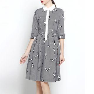 Striped Elbow Sleeve Collared A-line Dress