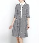 Striped Elbow Sleeve Collared A-line Dress