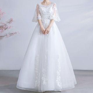 Lace Trim Elbow-sleeve A-line Wedding Gown