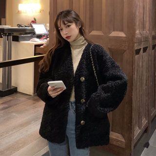 Plain Fleece Single-breasted Jacket Black - One Size