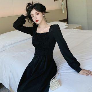 Long-sleeve Square Neck Midi A-line Smock Dress