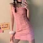 Spaghetti-strap Ruched Mini Sheath Dress Pink - One Size