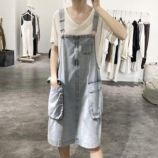 Flap-pocket Denim Midi A-line Pinafore Dress