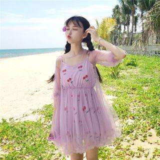 Set: Cherry Print Strappy Dress + Mesh Elbow-sleeve Dress