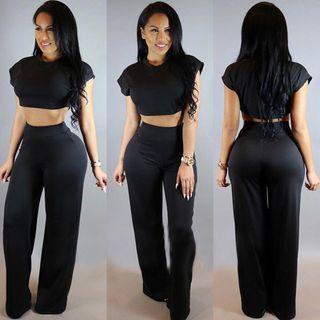 Set: Short-sleeve Crop Top + Wide Leg Pants