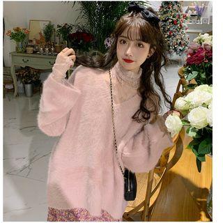V-neck Furry Sweater / Turtleneck Mesh Long-sleeve Top
