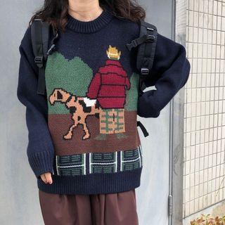 Dog Print Sweater Navy Blue - One Size