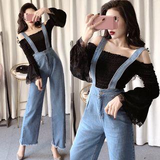 Set: Off-shoulder Smocked Knit Top + Wide Leg Jumper Jeans