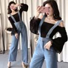 Set: Off-shoulder Smocked Knit Top + Wide Leg Jumper Jeans