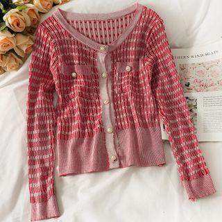 Round-neck Plaid Button-up Pocket Knit Cardigan Pink - One Size