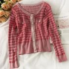 Round-neck Plaid Button-up Pocket Knit Cardigan Pink - One Size